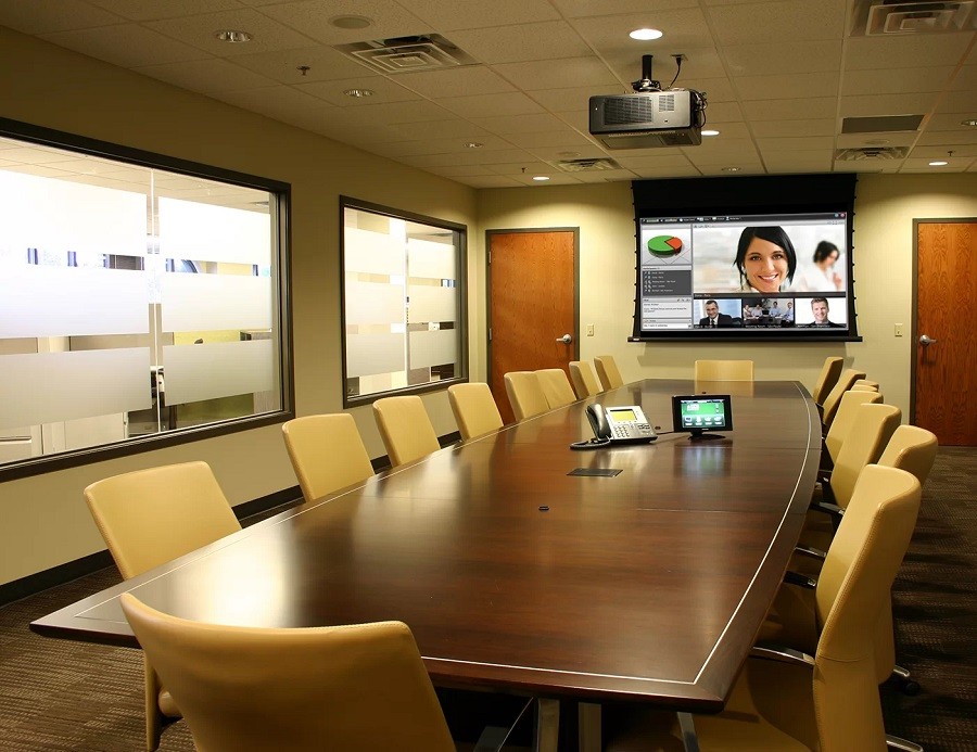 Sophisticated conference room with an advanced commercial audio video system. 