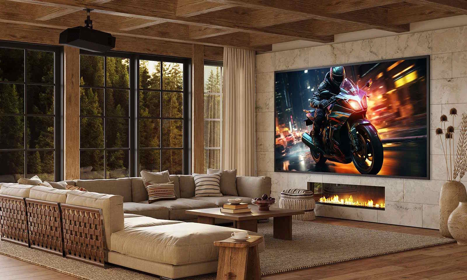 Luxurious living room with a beige sectional sofa, wooden surfaces, large forest‑view window, wall‑mounted TV displaying a motorcyclist, and a modern linear fireplace.