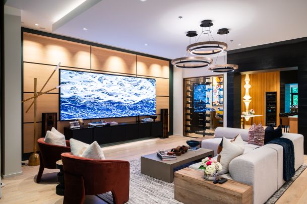 Sophisticated living area with modern d&eacute;cor and a vibrant Just Video Walls